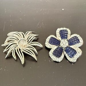 Silver and Blue Floral Brooch Set